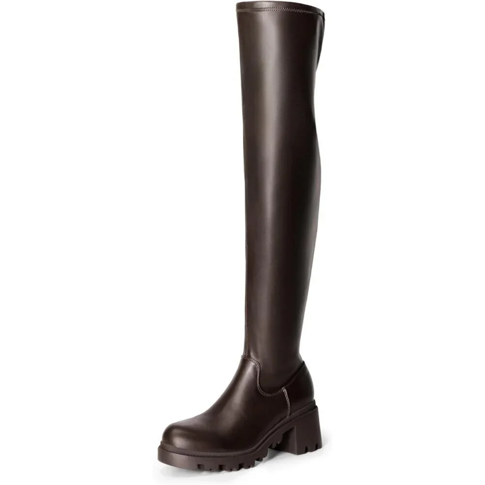 Women's Brown-pu Faux Leather Knee High Over The Knee High Chunky Heel Boots